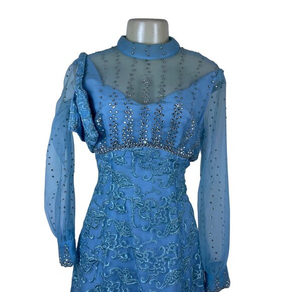 Vintage Womens Blue Embellished Sheer Long-Sleeve Gown With Beaded Overlay - Picture 5 of 16